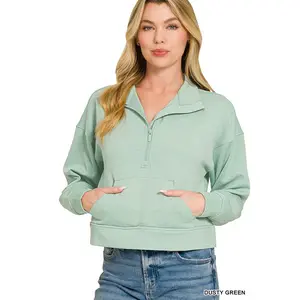 Zenana Scuba Half Zip Pullover With Kangaroo Pockets