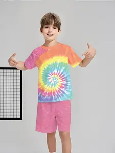 Rainbow tie-dye gradient two-piece set for boys, including short-sleeve T-shirt and shorts, 100% polyester casual loose fit, fun printed patterns for summer, outdoor sports T-shirt set, perfect gift for boys Youth Kits
