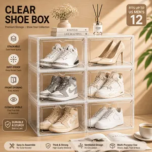 Shoe Storage Box With Door, 6/12 Pack Thickened Foldable Clear Plastic Shoe Organizer For Closet Entryway Easy Assembly, Holds 6 Pairs, Sturdy Stackable Shoe Boxes With Snap-On Door White