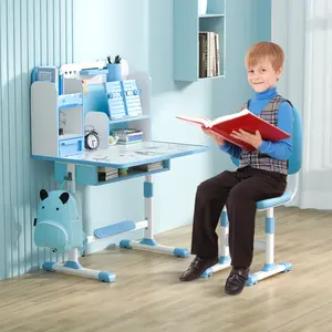 2Pcs/Set Kids Study Desk Chair Set, Height Adjustable Children School Study Table Chair Set with Sitting Corrector, Ergonomic Desk Chair with Book Stand, Foot Pedal, Partition Design (Blue)