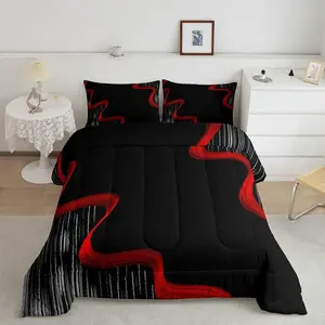 Red and Black Designer Bedding Set for Boys Girls Teens,Strip Lines Unique Comforter Set,Decor Geometric Comforter,Duvet Set