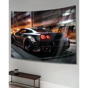 Jdm Sport Car Tapestry R34 Japanese Racing Car Wall Art Cool Tokyo Drift Car Wall Decor for Man Cave Bedroom Office Gaming Garage Car Room Decor Wall Hanging Tapestries