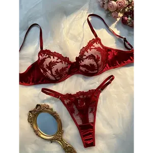 [Burgundy Floral Lingerie Suit] Sexy Burgundy Floral Embroidered Lingerie Suit - Single-layer Mesh Push Up Bra And Thong - See-through Bra, Bralettes For Women