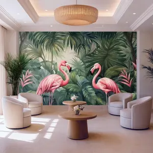 Tropical Flamingo Jungle Wall Mural – Exotic Leafy Botanical Wallpaper for Spa, Salon, Lounge, Boutique Hotel Lobby, Nursery or Airbnb Decor