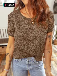 Hotapei Summer Womenswear Chic Boho Casual Leopard Print Round Neck Short Sleeve Fitted T-Shirt, Casual Fashionable Top, Basic Style, Comfortable, Stylish and Everyday, Perfect for Daily Wear