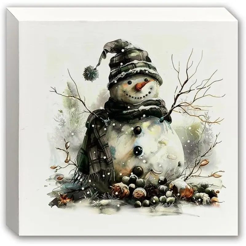 Rustic Christmas Snowman Wooden Box Sign, Snowman Christmas Decorations, Vintage Country Xmas Winter Holiday Wood Block Sign for Home Office Desk Shelf Table Decor, 5x5 Inch