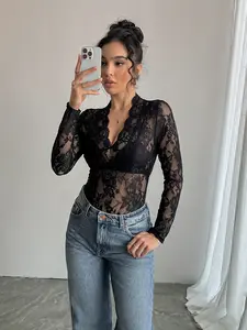 Women's Solid Color Lace Knit Long Sleeve Fitted Bodysuit, Casual Comfy Bodysuit for Spring & Fall, Ladies Clothes for Daily Wear Womenswear