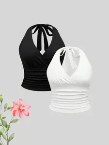 Stylish Elegant Solid Color Leopard Print Halter Neck Women's Vest Two Piece Set, Summer Fashion Fitted Design for Women