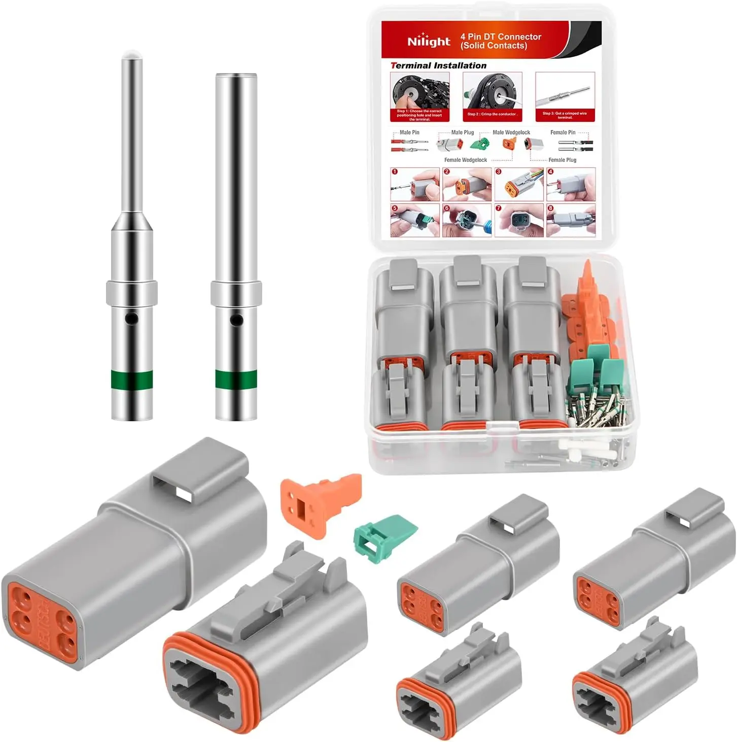 Nilight 3 Sets 4-Pin DT Connector Kit - IP67 Rated, 12 Pairs Solid Terminals, 4 Seal Plugs, PA66 Nylon Waterproof Tin Bronze/Nickel Plate Male-Female Terminals for 14-20 AWG Car, Boat Auto Replacement Parts, 3 Sets 4-Pin Connectors