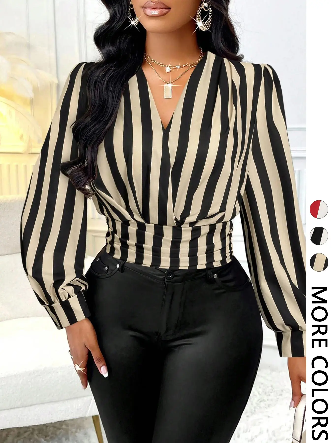 Women's Striped Ruffle Waist Long Sleeve Fashion Top, Blouses, Casual Woven Fabric, Medium Weight, All-Season Wear, Fitted Style for Valentine's Day