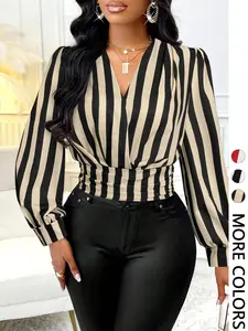 Women's Striped Ruffle Waist Long Sleeve Fashion Top,  Casual Woven Fabric, Moderate Thickness, All Seasons Wear, Fitted Style Valentine's Day