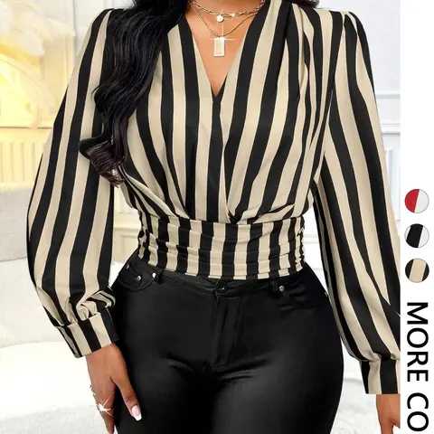 Women's Striped Ruffle Waist Long Sleeve Fashion Top, Blouses, Casual Woven Fabric, Medium Weight, All-Season Wear, Fitted Style for Valentine's Day