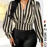 Women's Striped Ruffle Waist Long Sleeve Fashion Top, Blouses, Casual Woven Fabric, Medium Weight, All-Season Wear, Fitted Style for Valentine's Day