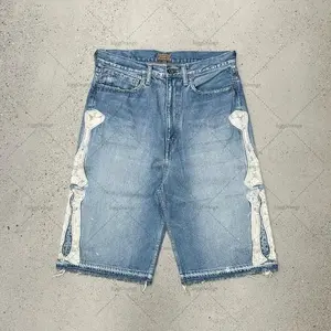 Summer street letter embroidery retro denim shorts men's casual embroidery bone denim shorts men's summer Jean Pants