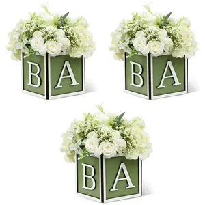 3pc green baby shower party table center decoration flower box, wooden box with the letters BABY, suitable for gender revealing parties (without flowers)