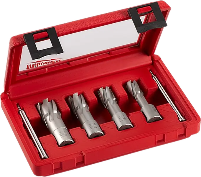 Milwaukee 49-22-8430 4PC Tungsten Carbide Annular Cutter Kit, 1-3/8" & 11/16" TCT Cutters, 2 Retractable Pilot Pins, 3/4" Weldon Shank, Advanced Tooth Geometry for Burr-Free Holes That Cuts, Cleans, and Clears, 9/16" Tct Annular Cutter