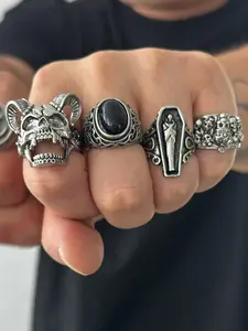 Punk Style Silver Color Skull Ring Set, Stacking Rings, Vintage Gothic Jewelry with Zircon Stones, Unisex Daily Wear Accessory