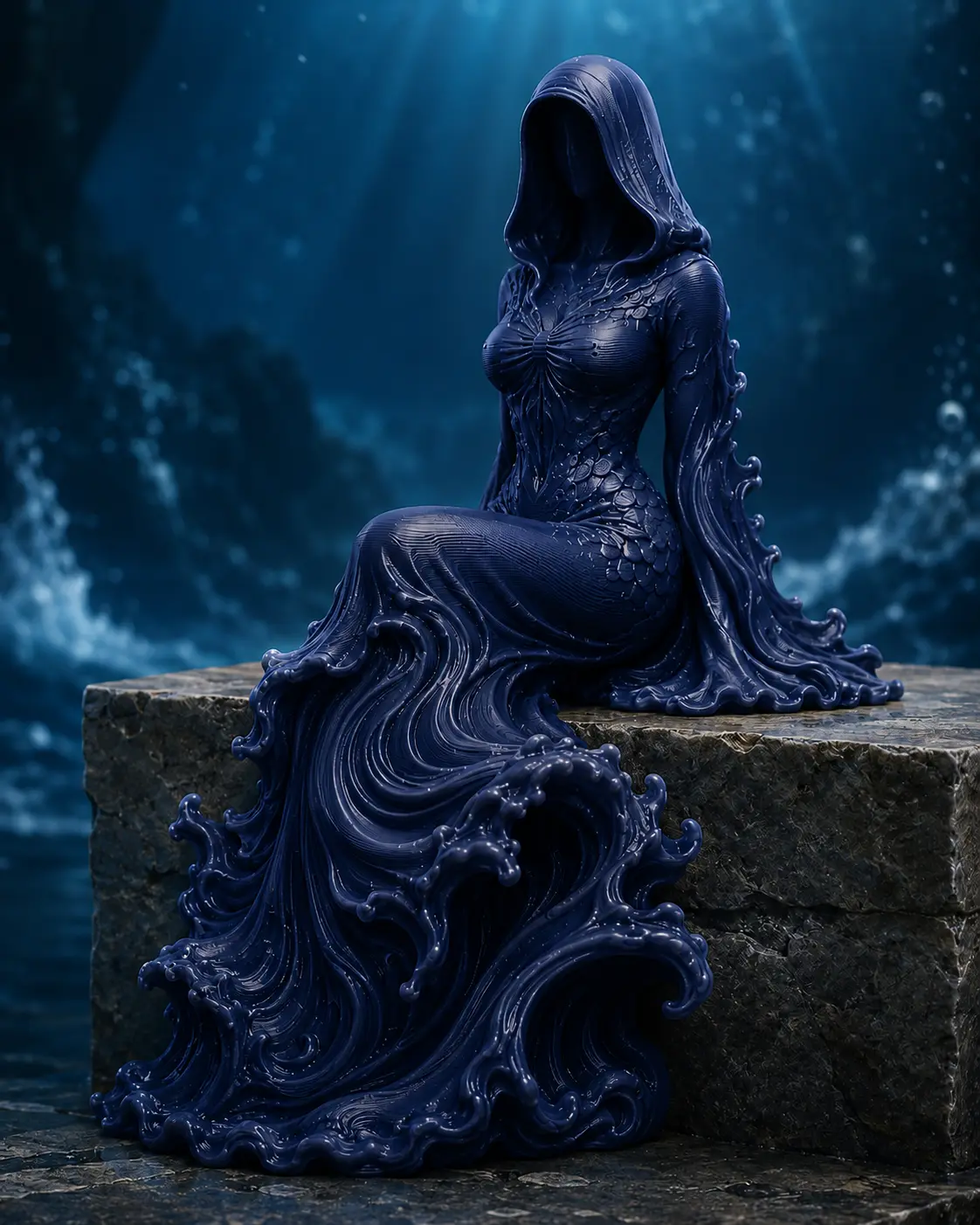 Ocean Goddess Shelf Sitter 3D Printed Figure | Wave Spirit Statue | Fantasy Home Decor | Elemental Desk Decor