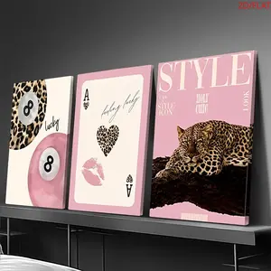 2D Flat, 3-piece Canvas Poster Set, Lucky Number 8 Pink Girl Style, Retro Luxury Bedroom or Dormitory Decoration, Home Decoration, Fashion Design, Teen Bedroom Decoration Painting, Canvas Wall Art, Unframed.