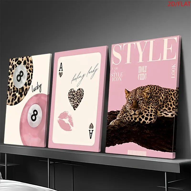 2D Flat, 3-piece Canvas Poster Set, Lucky Number 8 Pink Girl Style, Retro Luxury Bedroom or Dormitory Decoration, Home Decoration, Decorative Artwork, Fashion Design, Teen Bedroom Decoration Painting, Canvas Wall Art, Unframed