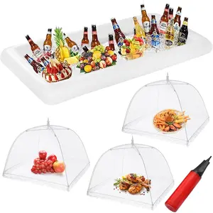Inflatable Serving Bar & Mesh Food Covers Set, 1 Inflatable Serving Bar, 3 Food Tents, Pool Party Buffet Drink Cooler Ice Tray Food Containers for Pool Garden Party