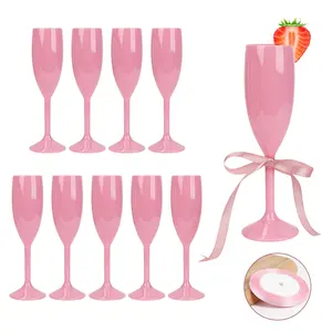 10 Pcs Champagne Flutes Bulk Acrylic Toasting Drinking Flute Goblet Champagne Cups 6 oz Plastic Wine Glasses for Valentine's Day Wedding Bridal Shower Anniversary Party (Pink)