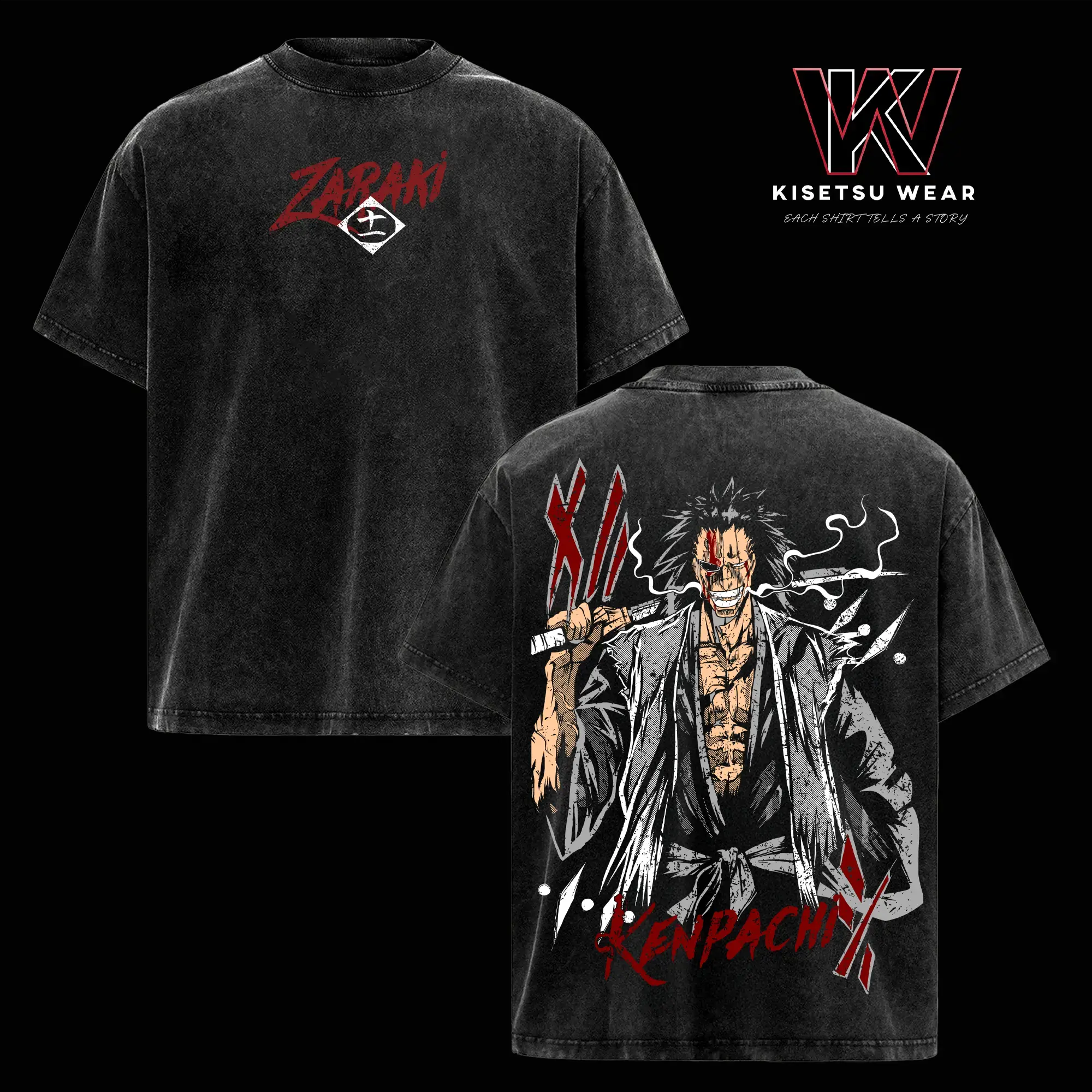 Kenpachi Zaraki Original Heavy Cotton T-Shirt, Unisex Oversized Vintage Washed Retro Anime Full Print Round Neck Short Sleeve Streetwear Top with Fake Pockets (Menswear)
