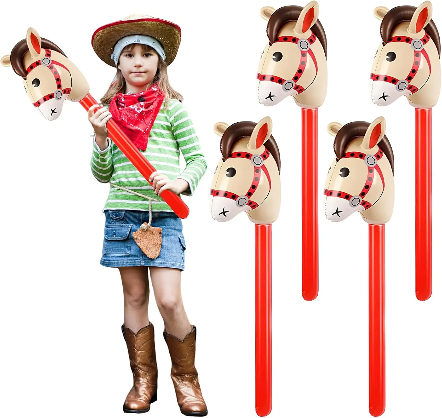 4PCS Inflatable Stick Horse, 37 Inch Horse Head Stick Blow up Balloon for Western Cowboy Cowgirl, Cute Inflatable Horse Pony Costume Props for Birthday Party Decorations Baby Shower Christmas
