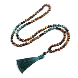 108 Mala Beads Healing Stone Tassel Necklace Natural Tiger Eye Gemstone Crystal Beaded Necklace Mala Tassel Charm Necklace for Daily Use Christmas Gift , Xmas Gift