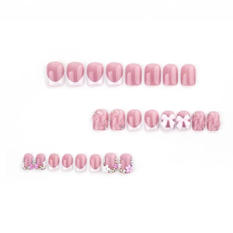 Press on Short Square Fake Nails with 3D Bow Charms Design - Flower False Glue on Cute Acrylic Rhinestone Glossy Full Cover Stick on for Women Manicure - 24Pcs Press on Short Square Fake Nails with 3D Bow Charms Design - Flower False Glue on Cute Acrylic Rhinestone Glossy Full Cover Stick on for Women Manicure - 24Pcs