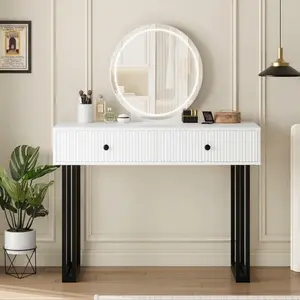 Modern Vanity Table with Adjustable LED Light Mirror, 2 Storage Drawers, Space Saving Makeup Dressing Desk, Black & White Stylish Bedroom Cosmetic Table