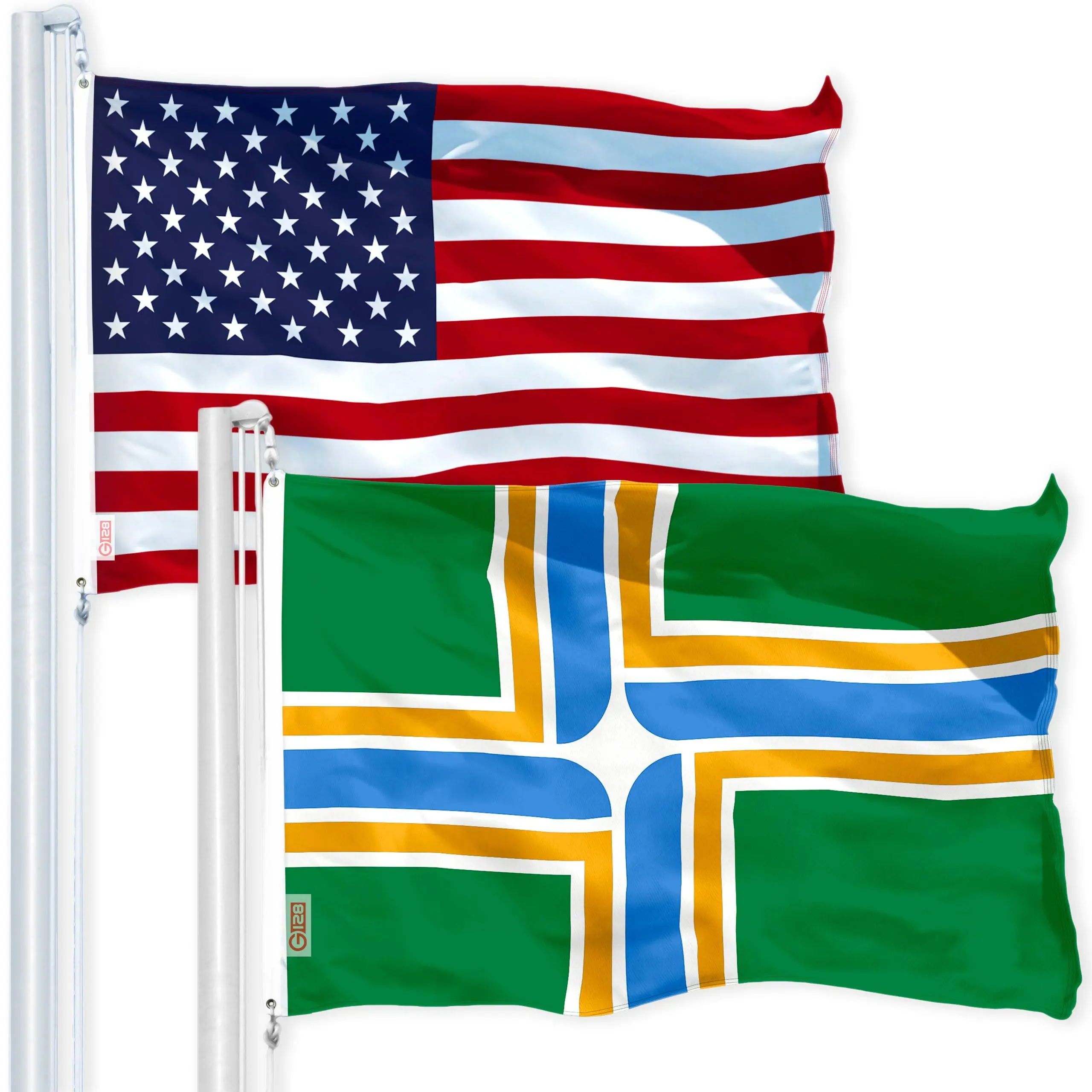G128 Combo Pack: USA American Flag 3x5 Ft 150D Printed Stars & Portland Flag 3x5 Ft 150D Printed