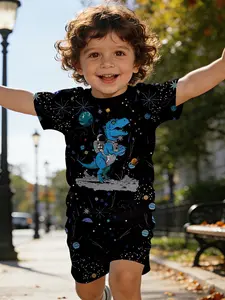 Empty dinosaur suit, astronaut riding T-Rex T-shirt digital printed baby short-sleeve set, baby casual kids children's clothing, suitable for Daily Wear and Outdoor Activities. T-shirt is 100% polyester, a perfect gift for babies and toddlers!