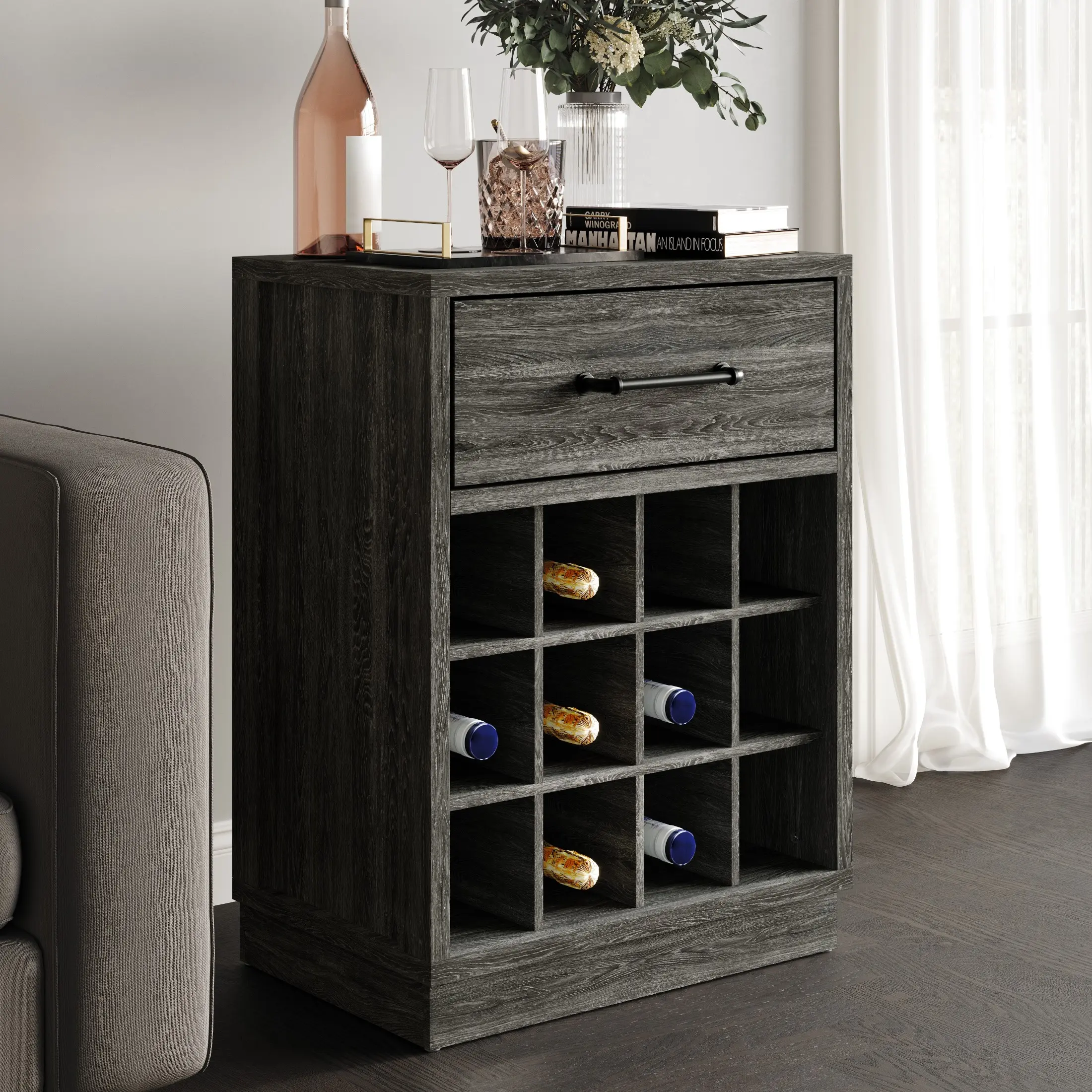 Modern Storage Cabinet with Wine Rack, Engineered Wood Construction, Sturdy Base