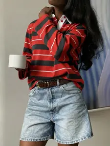 Women Long Sleeve Knitted Striped Knit Top, Collar and Buttons Design, Regular Length Casual Rugby Style Pullover