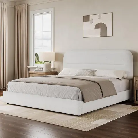 HOMBCK Queen Size Boucle Upholstered Bedframe - Sturdy Metal+Wood, Stable Bedroom Furniture, Rounded Corners, No Box Spring Needed, Easy Assembly, Contemporary Queen Bed Frame (Mattress Not Included)