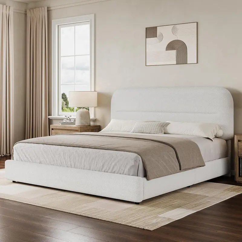 HOMBCK Queen Size Boucle Upholstered Bedframe - Sturdy Metal+Wood, Stable Bedroom Furniture, Rounded Corners, No Box Spring Needed, Easy Assembly, Contemporary Queen Bed Frame (Mattress Not Included)