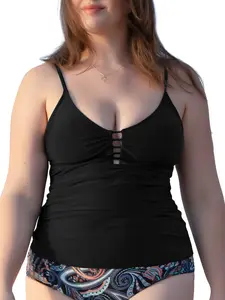 Ocean Blues Women's Retro Tankini Swimsuit Shirring Tummy Control Tankini Top Only Swimming Suit #Tankini #Plus Size Swimsuit