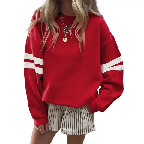 Asvivid Women Oversized Varsity Striped Drop Shoulder Sweatshirt Tops Casual Soft Crewneck Pullover Womenswear