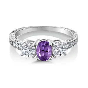 Gem Stone King 10K White Gold Purple Amethyst and Lab Grown Diamond Engagement Ring For Women | 1.87 Cttw | Oval 7X5MM | Gemstone February Birthstone