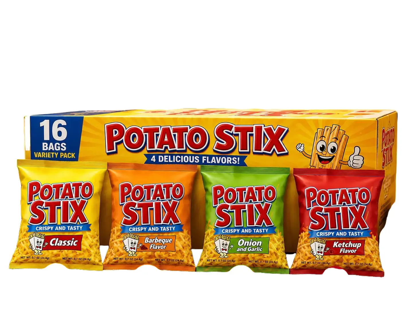 Potato Stix Variety Pack 16 Count | 4 Flavors | Classic, BBQ, Ketchup & Onion Garlic | Individually Wrapped Crispy Potato Stick Snacks | Lunch Box, Party & On-the-Go Snacks