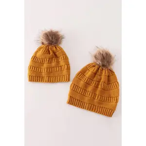 Mustard pompom cable beanie