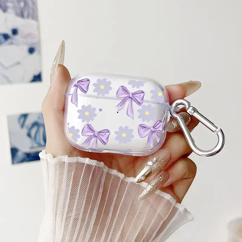 Lavender Bow - Blooms Pattern Protective Case for AirPods 4/3/2/1/Pro/Pro2/Pro3 Soft TPU Earphone Cover, Transparent with Keychain