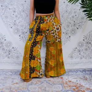Kantha  Cotton Flowy Pants, Summer Palazzo Pants, Upcycled Trousers, Sustainable Fashion, Boho Style, 70s Pants, Vintage Wide Leg Pants, Boho Style Sustainable  Trousers, Flare Handstitched Pants, 90s Style, One of a Kind Pants