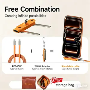 240W SuperCharge  Charging Cable,360° Rotating Invisible Stand Detachable 2-in-1， Zinc Alloy Silicone Type-C Cable, Compatible with Apple and Samsung, Essential for Gaming, Office and Car Use | Single Head, Set.