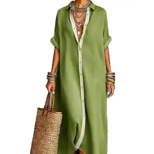 Bohemian Loose Shirt Dress |     Contrast Trim Button Down Casual Summer Midi Dress #   ShirtDress #   BohemianDress #   LooseDress #   ButtonDownDress #   SummerDress #   MidiDress #   BeachDress #   VacationOutfit #   WomensFashion #   Outfit of the Day