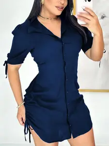 Women's Solid Color Shirt Collar Curved Hem Dress, Casual Short Sleeve Button Decor Short Dress for Daily Wear, Ladies Clothes for All Seasons, Collared Womenswear
