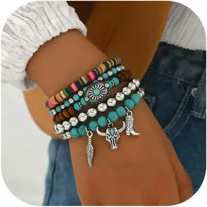 Western Turquoise Bracelet for Women Western Boho Jewelry Trendy 2025 Beaded Bracelet Stack Concho Country Concert Oufits