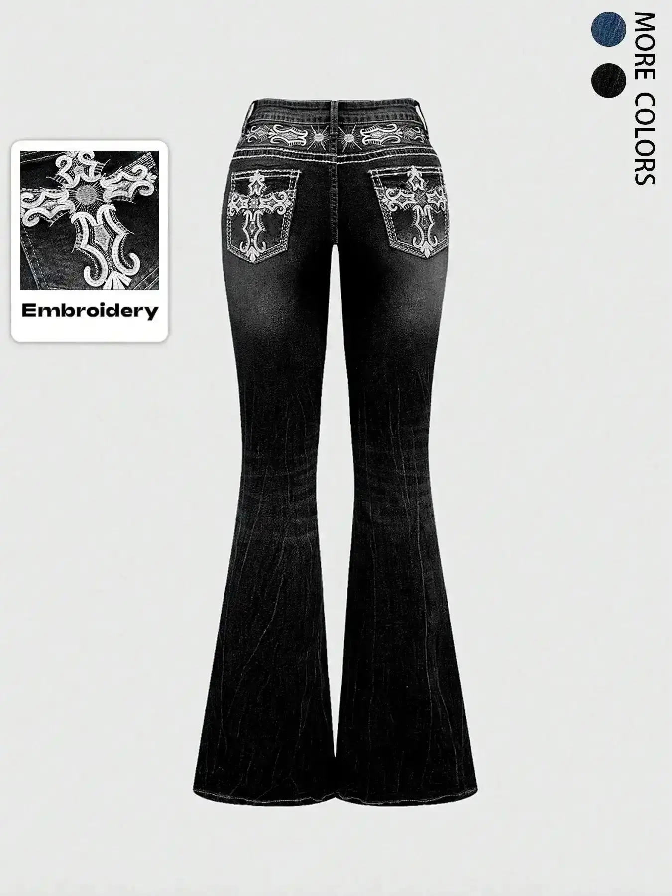 Grunge Punk Y2K Retro Pocket Cross Wings Embroidered Flare Leg Fitted Stretch Jeans 2026 Women's Bootcut Fashion Denim Vintage Low Rise    (Translation note: The text appears to be a product description of a pair of jeans, featuring multiple design elemen
