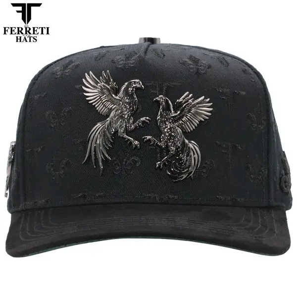 Ferreti FT180 Black Unisex Collection Hat - Represents Respect & Hierarchy, Features Central 2-Gallos Combat Metal Plate, Premium Engraved Exclusive Pattern Fabric
